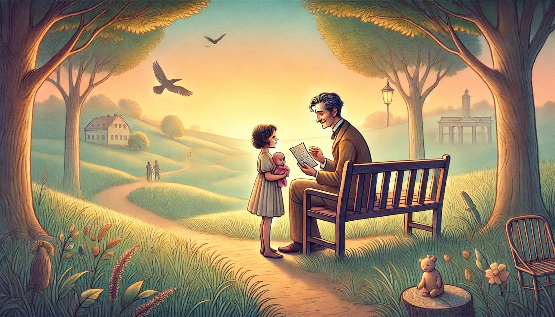 Hopeful interaction between a father and daughter in a park during sunset, emphasizing family bonds and emotional connection.