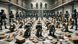 Prisoners kneeling with hands over their faces in a Georgia prison, surrounded by armed guards, symbolizing the voices and experiences of Georgia prisoners’ speak about incarceration issues.