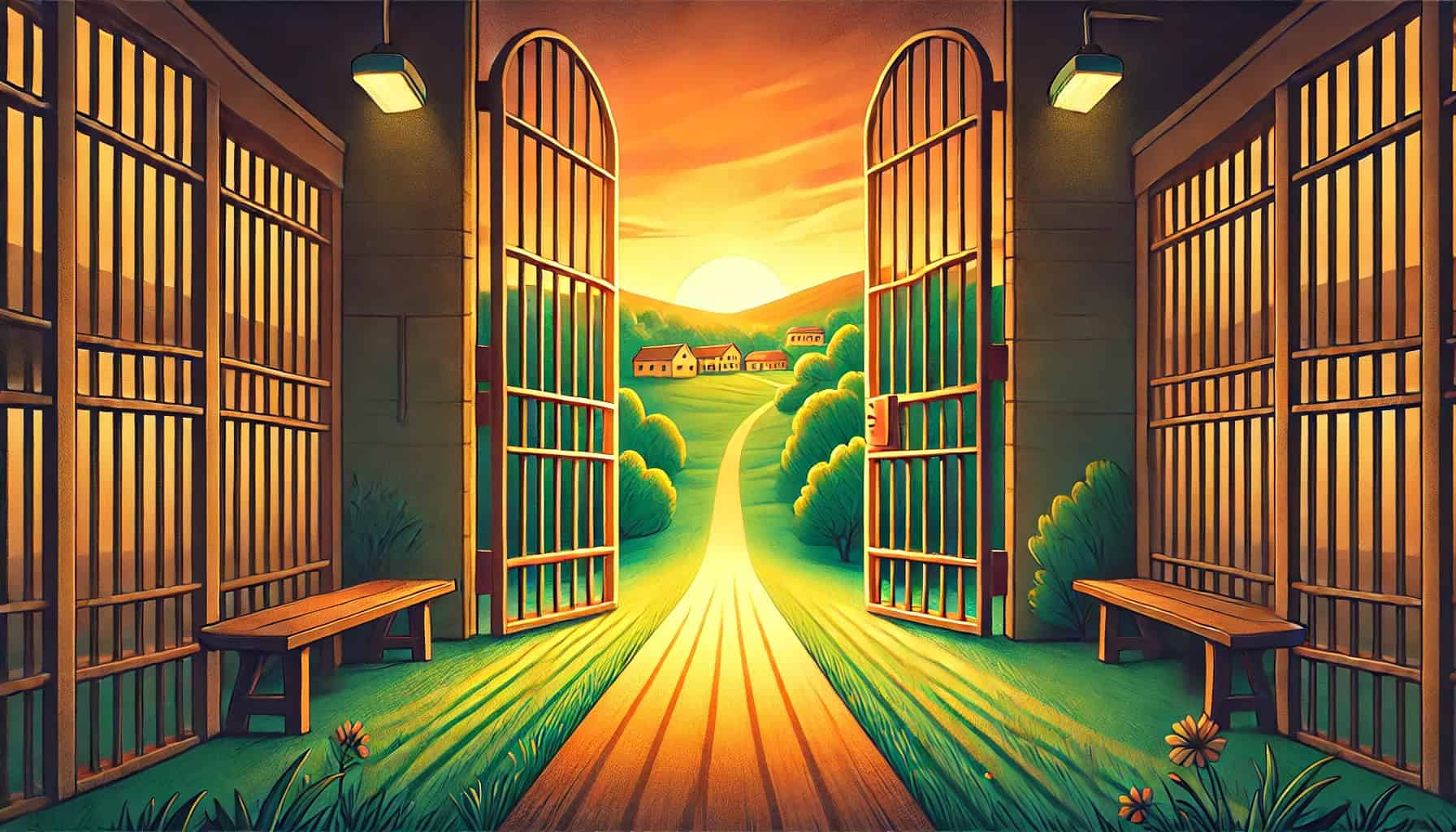 Open prison gates opening to a scenic sunrise over a rural landscape, symbolizing freedom and hope for Georgia prisoners.
