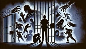 Silhouette of a prisoner in front of jail bars surrounded by haunting images of prisoners, police, and emotional distress, emphasizing Georgia prisoners' voices and criminal justice reform.