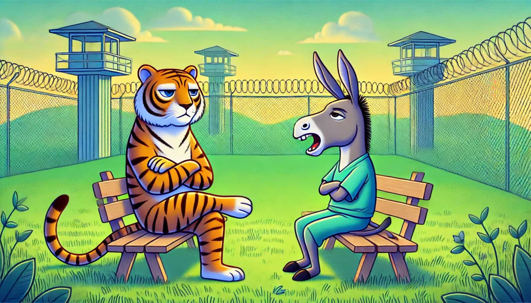 Fearful tiger and anxious donkey in prison yard, discussing their experiences, with watchtowers and barbed wire fences in the background, highlighting prison reform and inmate voices.