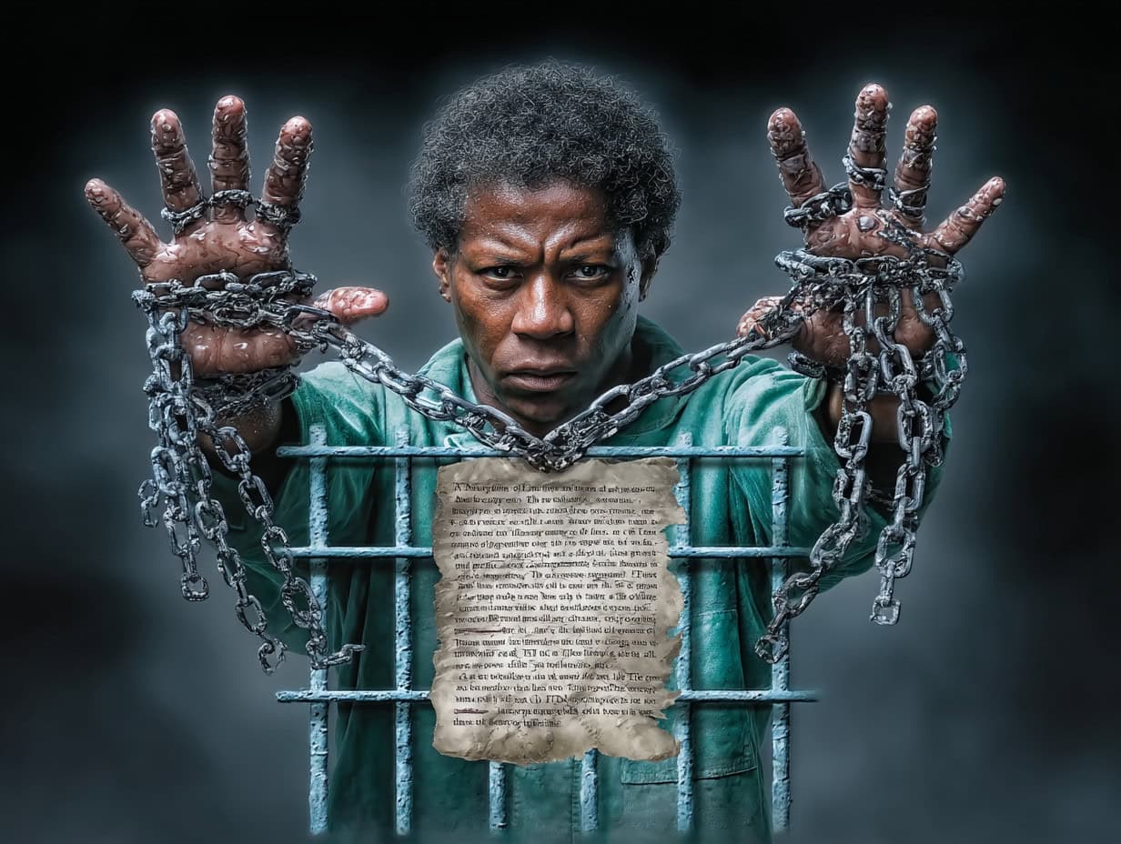 Oppressed African American man behind prison bars with chains, expressing injustice and plea for reform in the Georgia Prisoners’ Speak campaign.