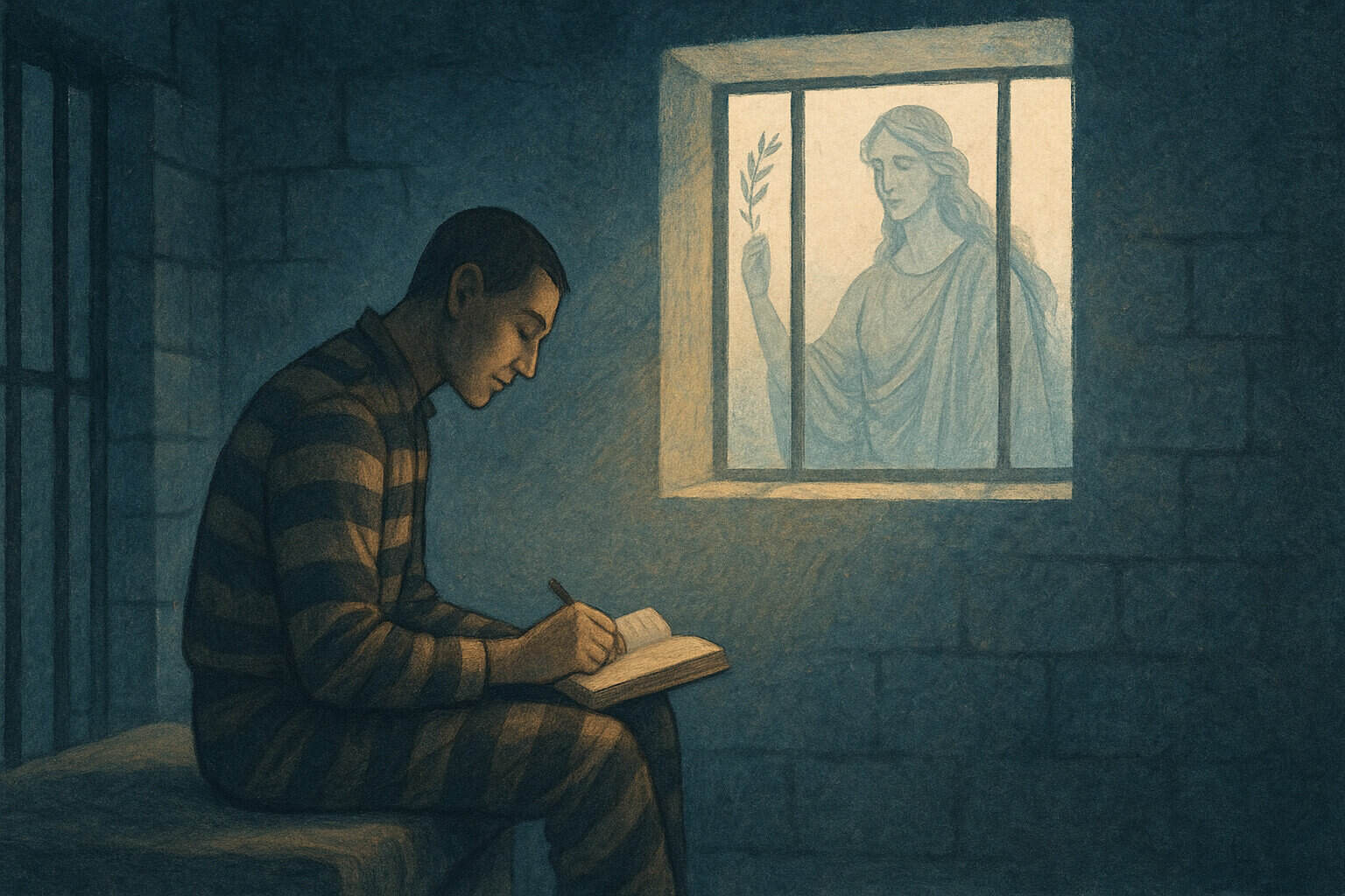 A person in prison writing in a notebook, with a window showing a mural of a woman holding a laurel branch behind bars, symbolizing hope and resilience for Georgia prisoners’ voices.