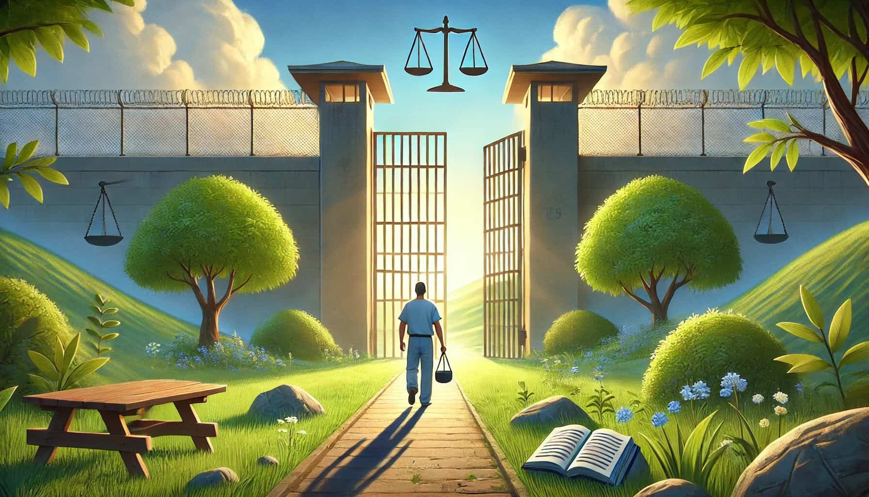 Prison yard illustration with open gates, a nurse walking in sunlight, and a balanced scale symbolizing justice, representing Georgia prisoners' voices and criminal justice reform.