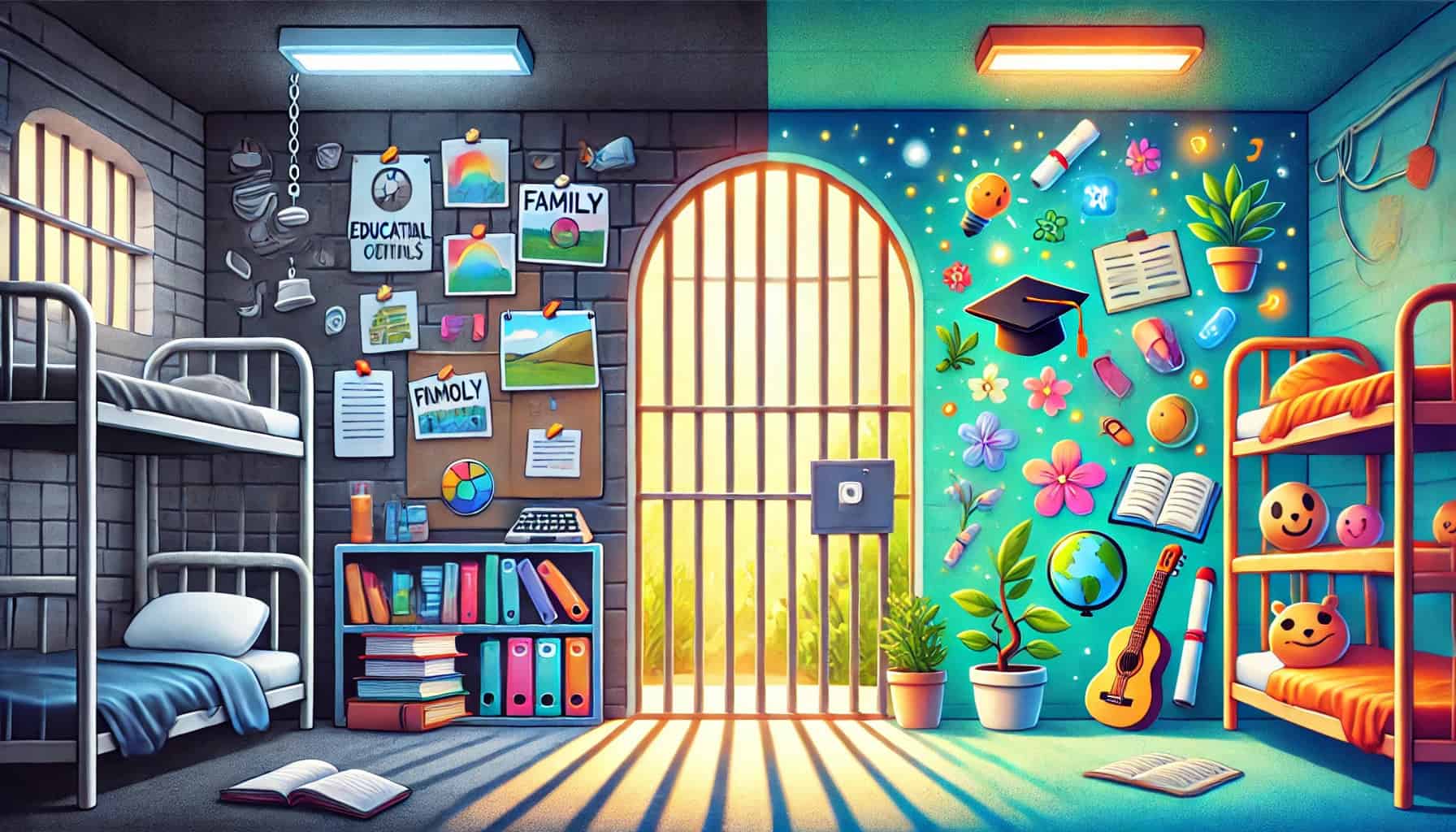 A vibrant children's bedroom with bunk beds, colorful wall art, educational posters, indoor plants, and playful decorations symbolizing hope and aspirations for incarcerated individuals' families.