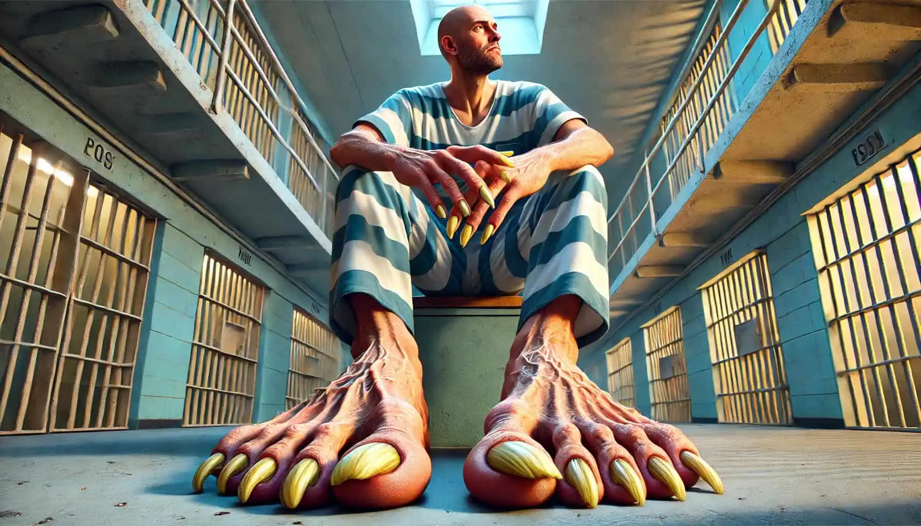 Unsettling image of a man in prison cell wearing striped uniform, with exaggerated monstrous features such as large claws on hands and feet, symbolizing prisoner's voice and transformation.