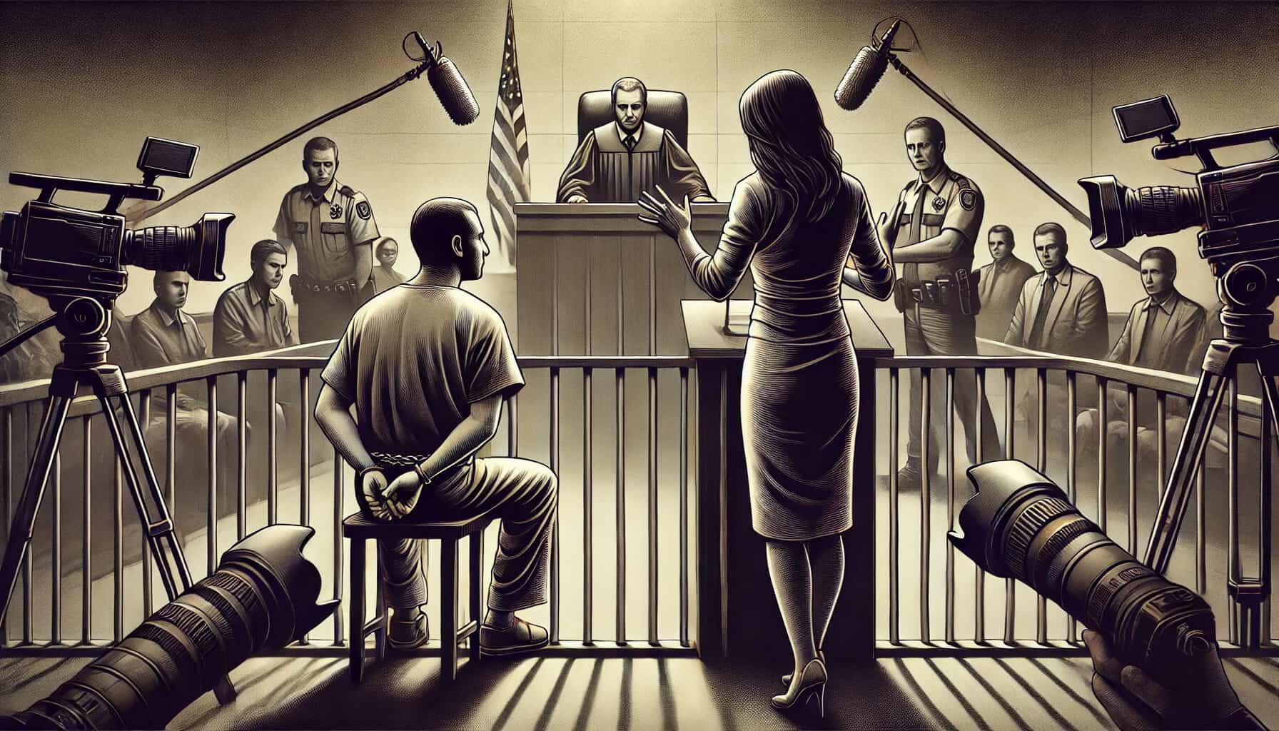 Inmate speaking during a court hearing with media cameras capturing the testimony, highlighting issues of justice and prison reform.