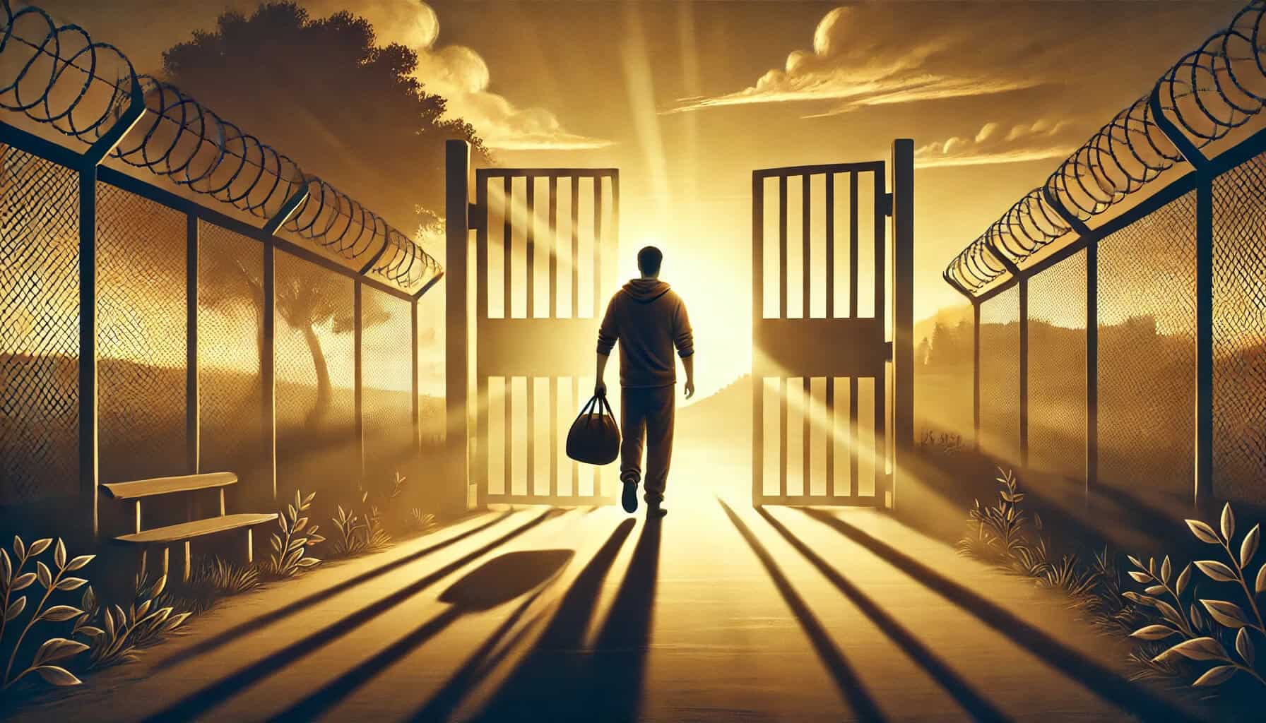 Seeking freedom or new opportunities after incarceration, a man approaches an open prison gate at sunset, symbolizing hope and the path to reintegration.