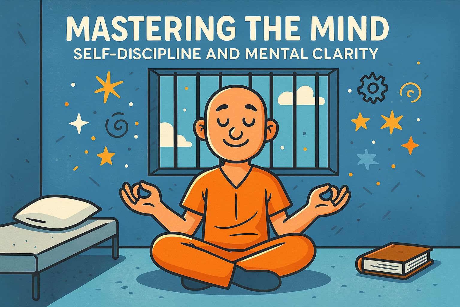 Peaceful inmate meditating in prison cell, promoting mental clarity and self-discipline for Georgia prisoners, with keywords focusing on mental health, prison reform, and self-care.