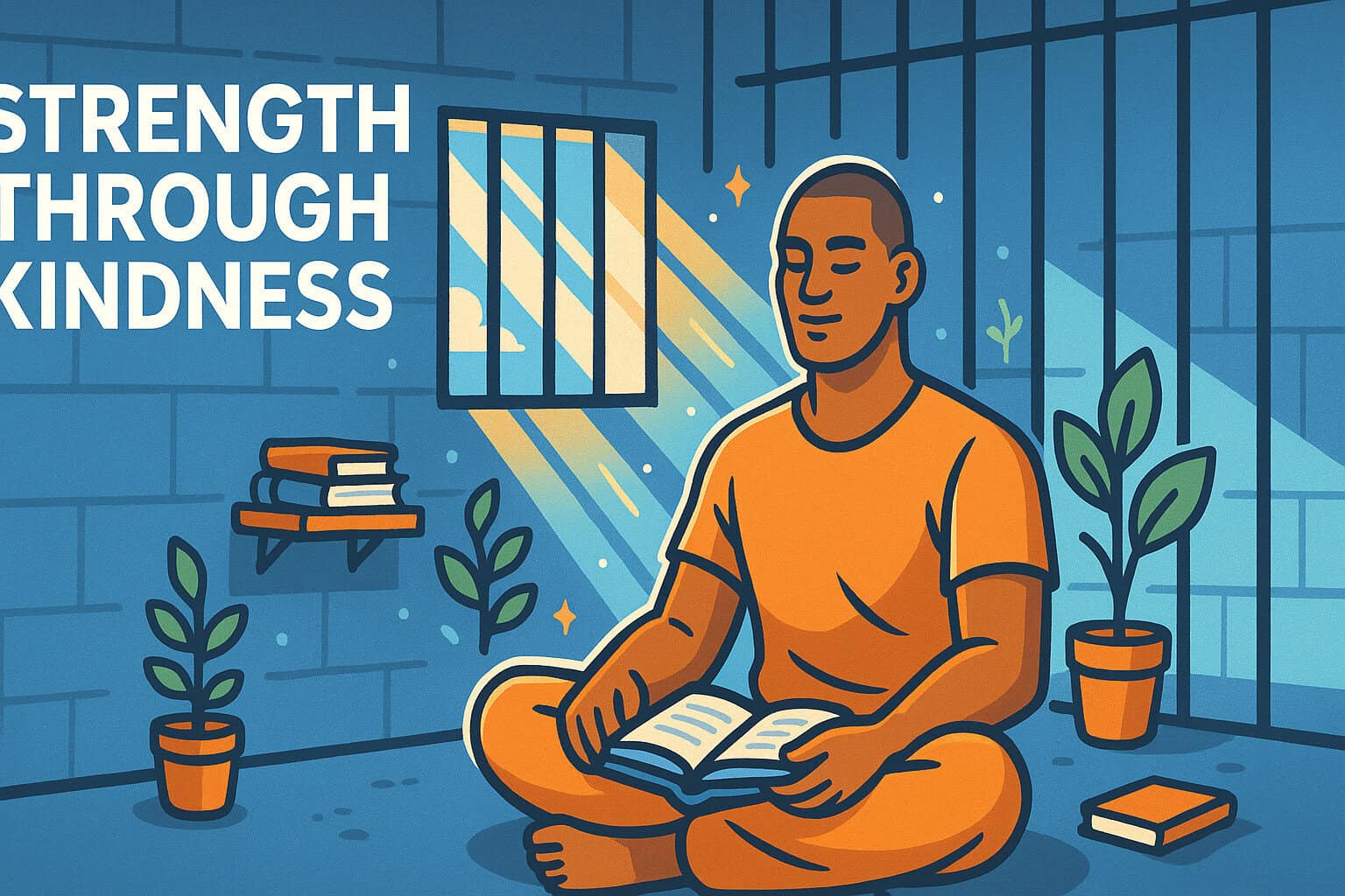 Young man reading a book in a prison cell, surrounded by plants and sunlight, highlighting hope and personal growth through kindness and education in incarceration.