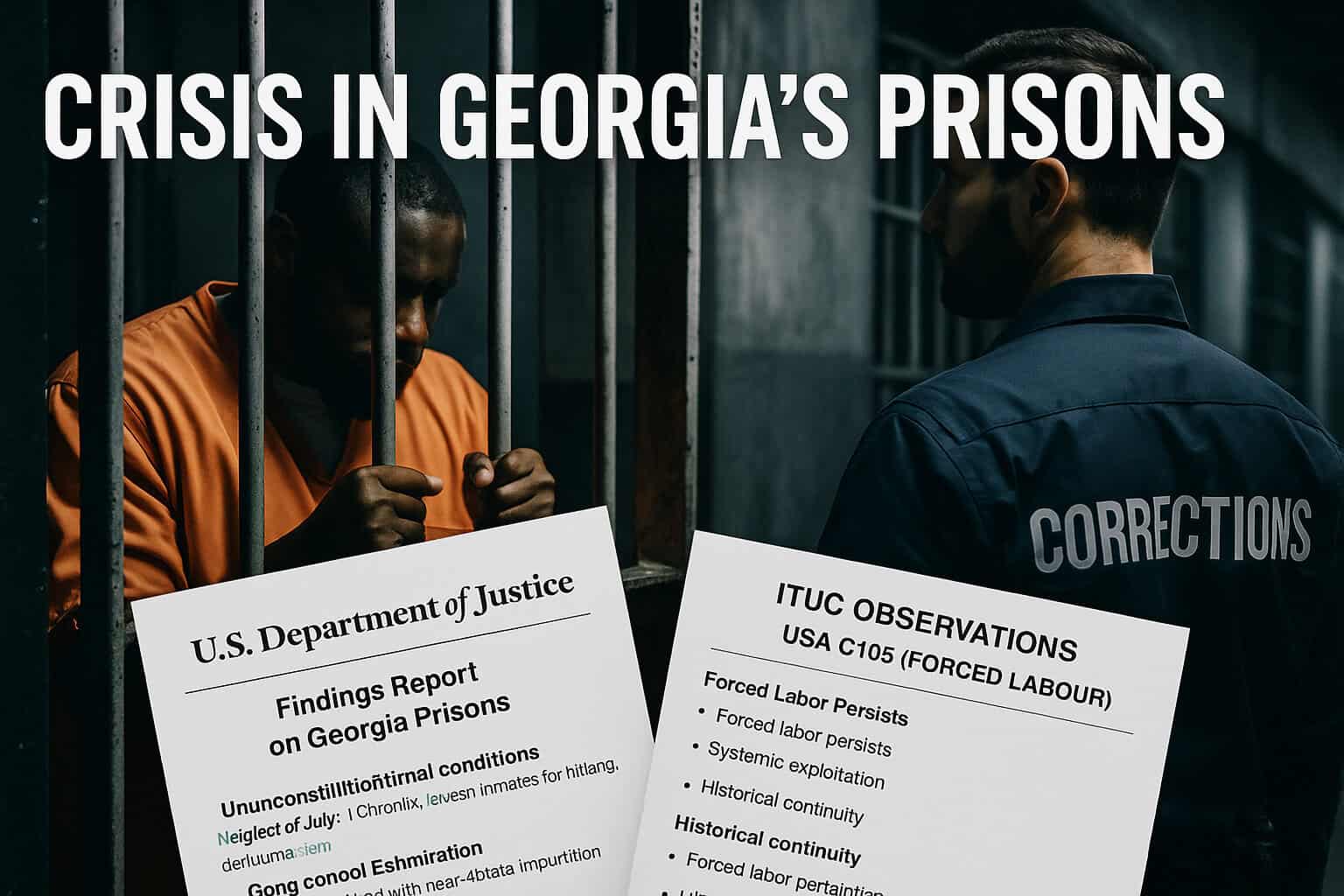 Inmate behind bars speaking with correctional officer about Georgia prison conditions, advocating for prison reform and highlighting systemic issues in Georgia's correctional system.