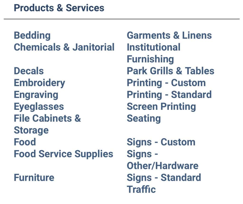 Handwritten text on a printed list of products and services offered by Georgia Prisoners’ Speak, including bedding, chemicals, janitorial supplies, decals, embroidery, engraving, and more.