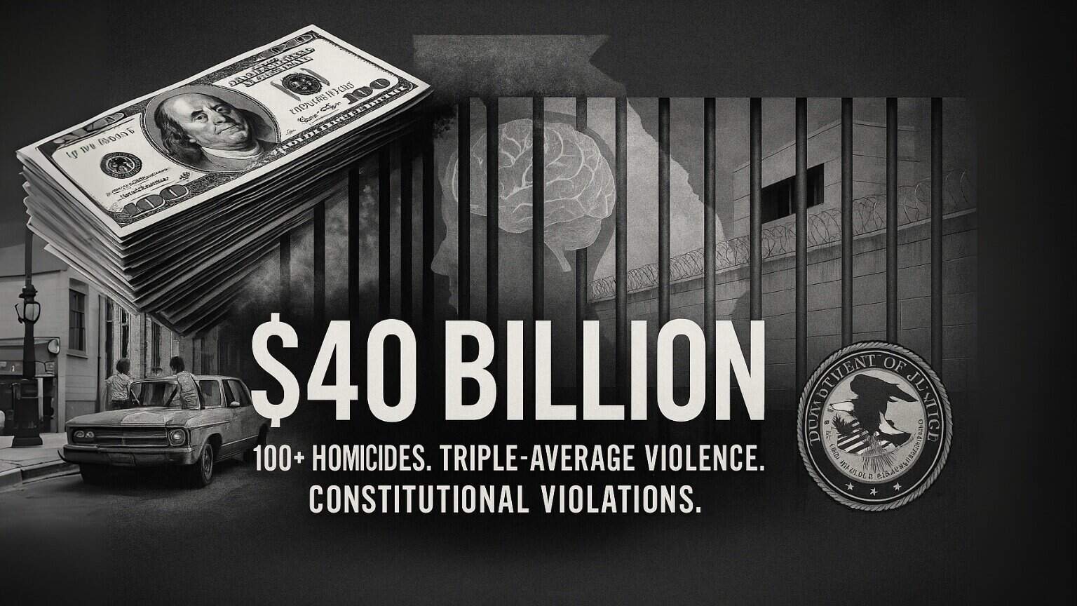 Georgia prison facility with statistics overlay showing 100 homicides and $40 billion spent