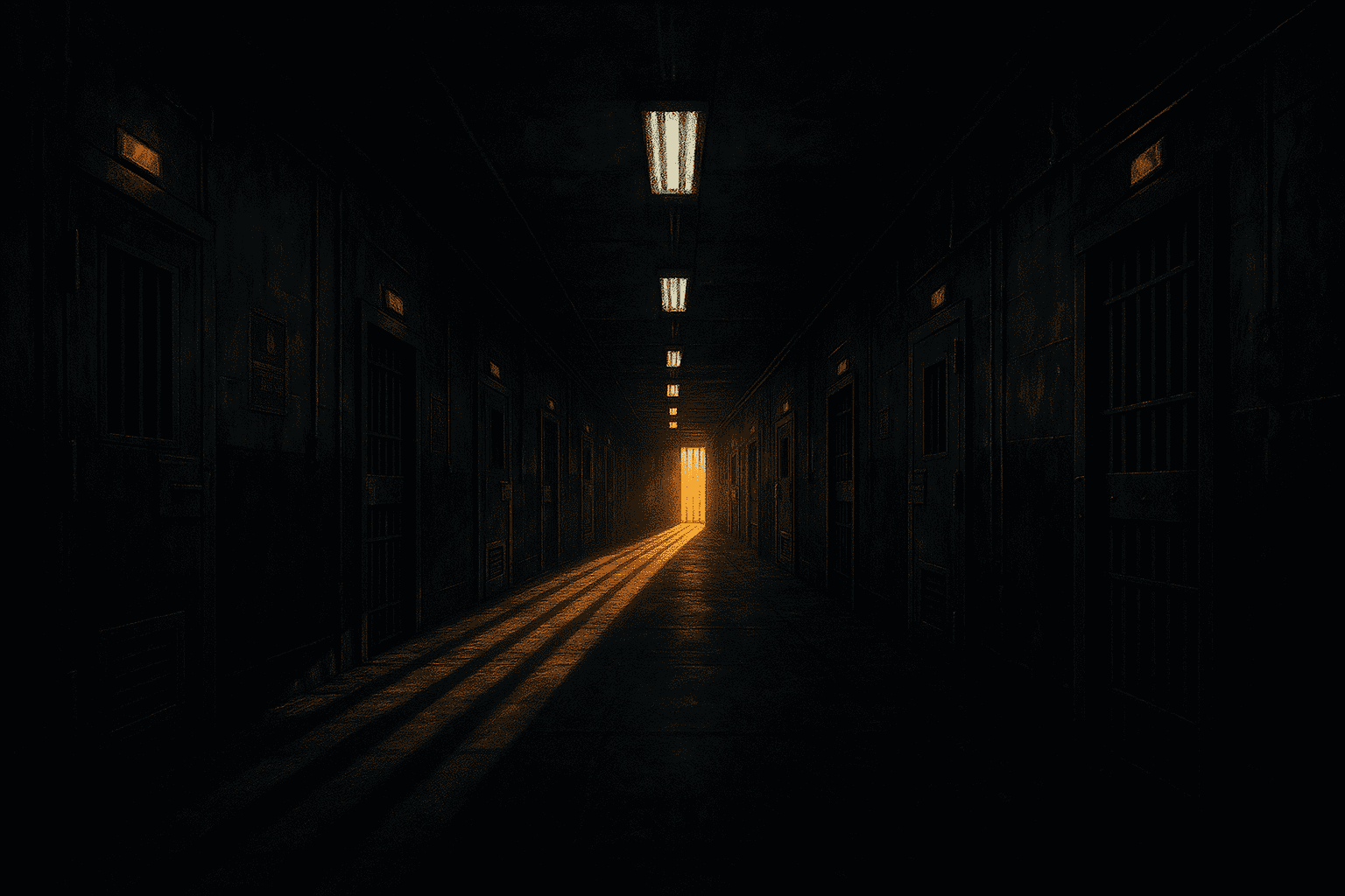 Dark prison corridor with red emergency lights and a beam of golden light breaking through at the end, symbolizing hope through parole reform in Georgia