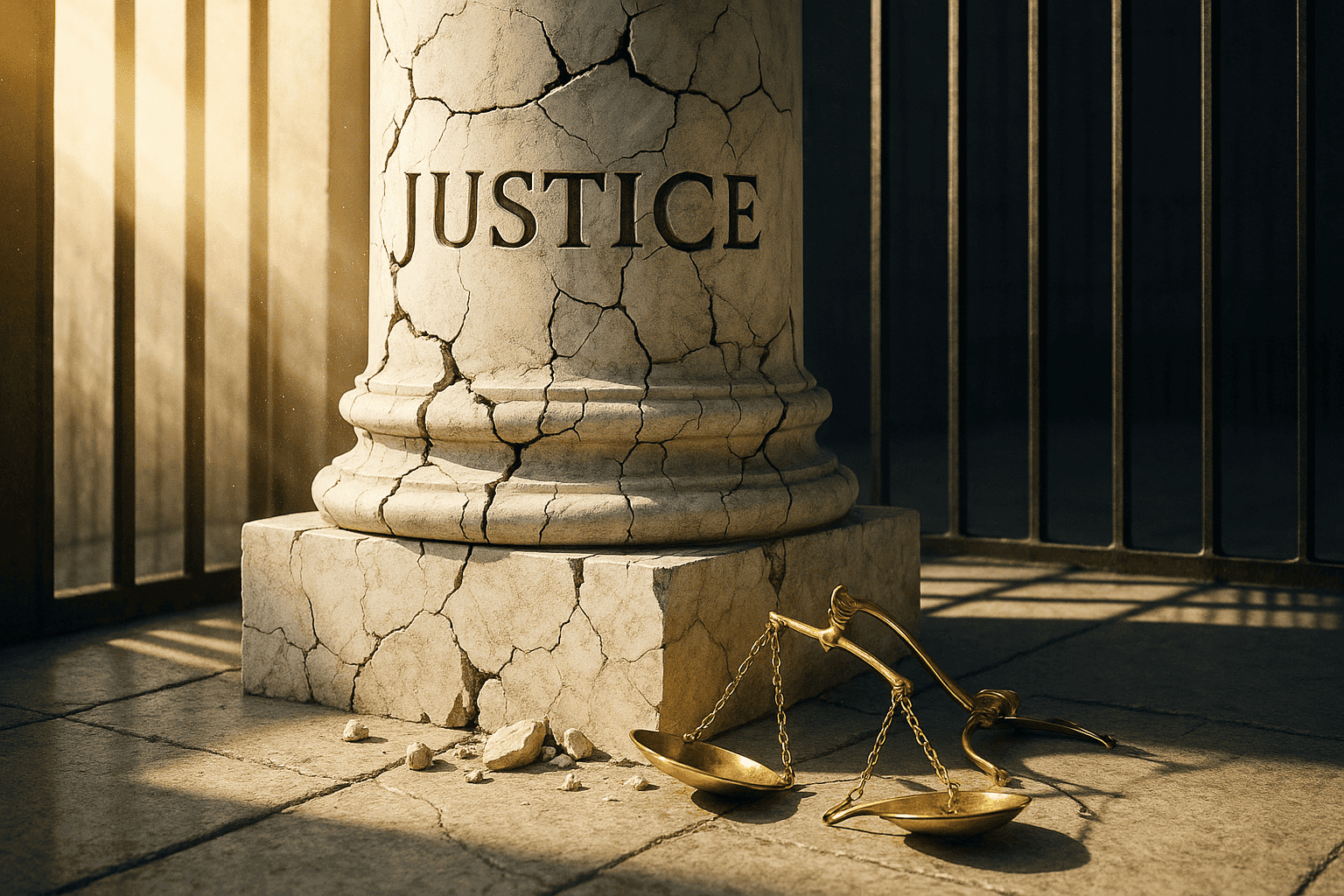 Crumbling marble courthouse pillar inscribed with JUSTICE, with broken golden scales of justice lying at its base and prison bars in the background, bathed in warm light