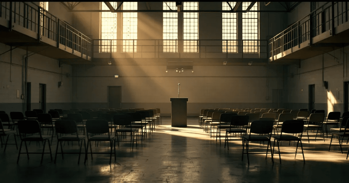 An empty prison multipurpose room arranged with rows of chairs facing a microphone and podium, lit by light from high windows