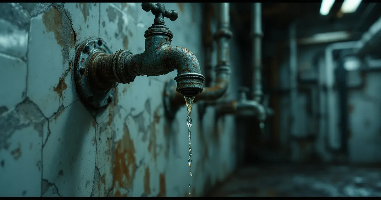 A corroded, rust-stained institutional faucet drips discolored water beside aging exposed pipes in a decaying state facility.