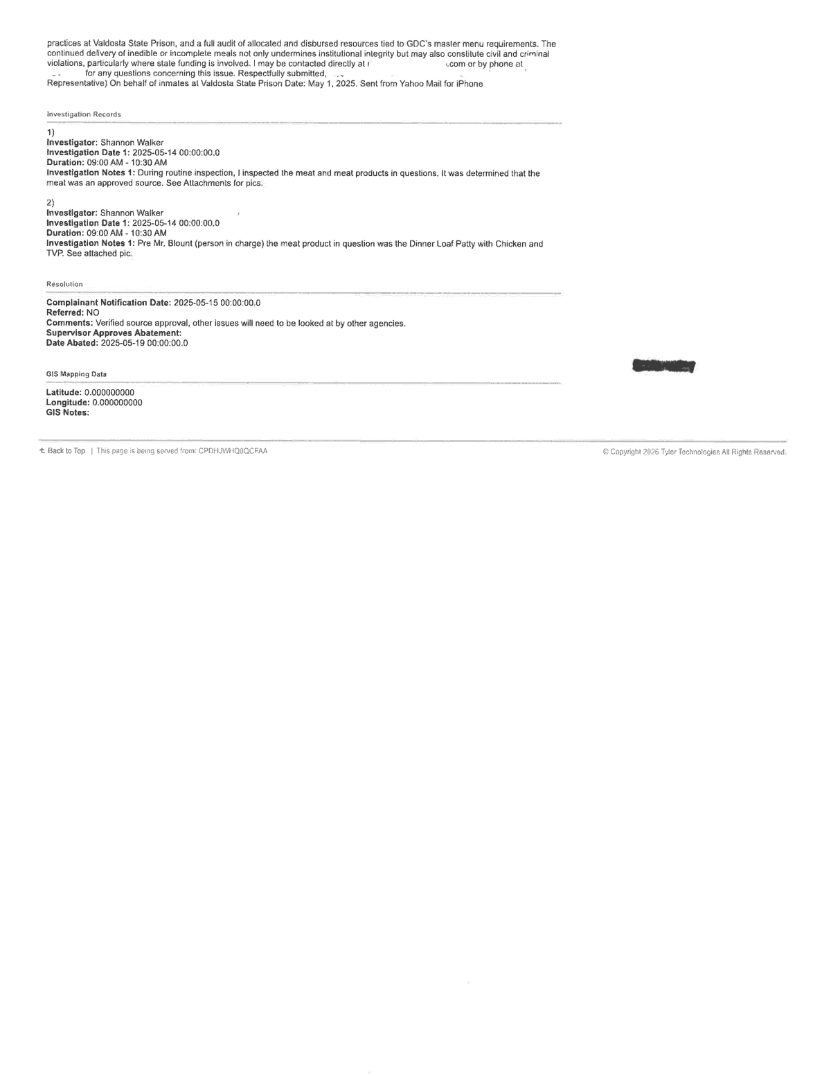 DPH Complaint #73921884 narrative + Walker investigation note