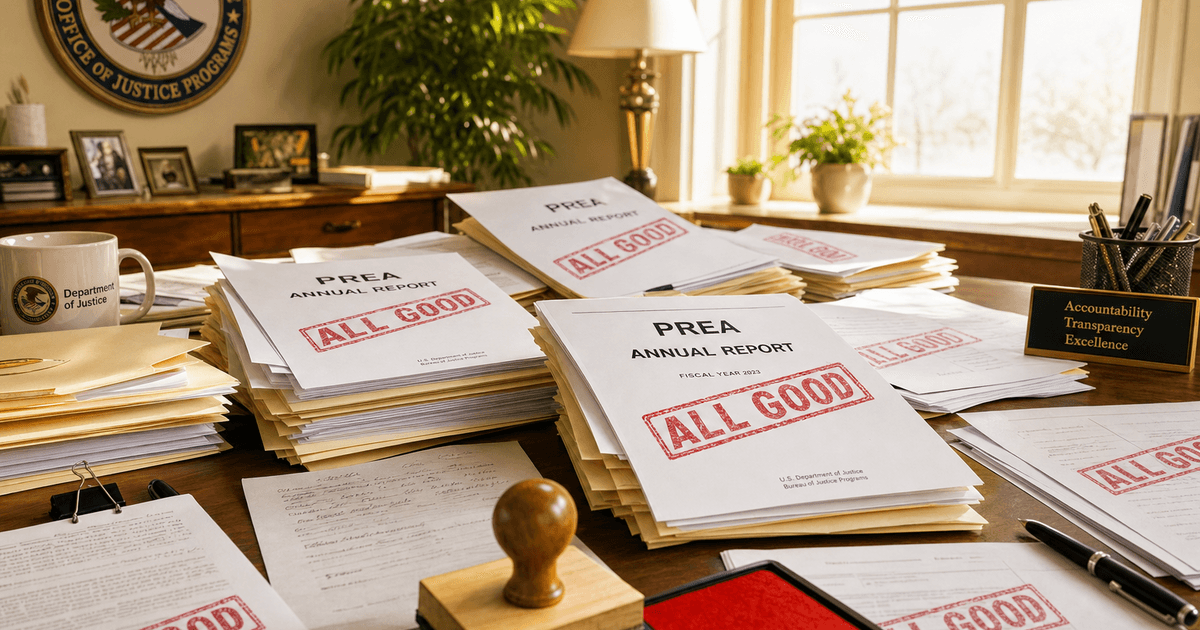 Sunlit office desk covered in PREA annual reports carelessly stamped "ALL GOOD" in red ink