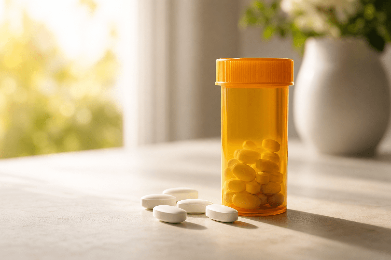 An amber prescription bottle stands in warm morning light on a pale surface, with several white oval tablets spilled beside it — direct-acting antivirals, the medication that cures hepatitis C.