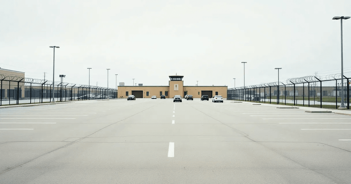 A large, mostly empty staff parking lot outside a state prison with a guard tower and razor-wire perimeter fence, illustrating the correctional-officer staffing collapse.