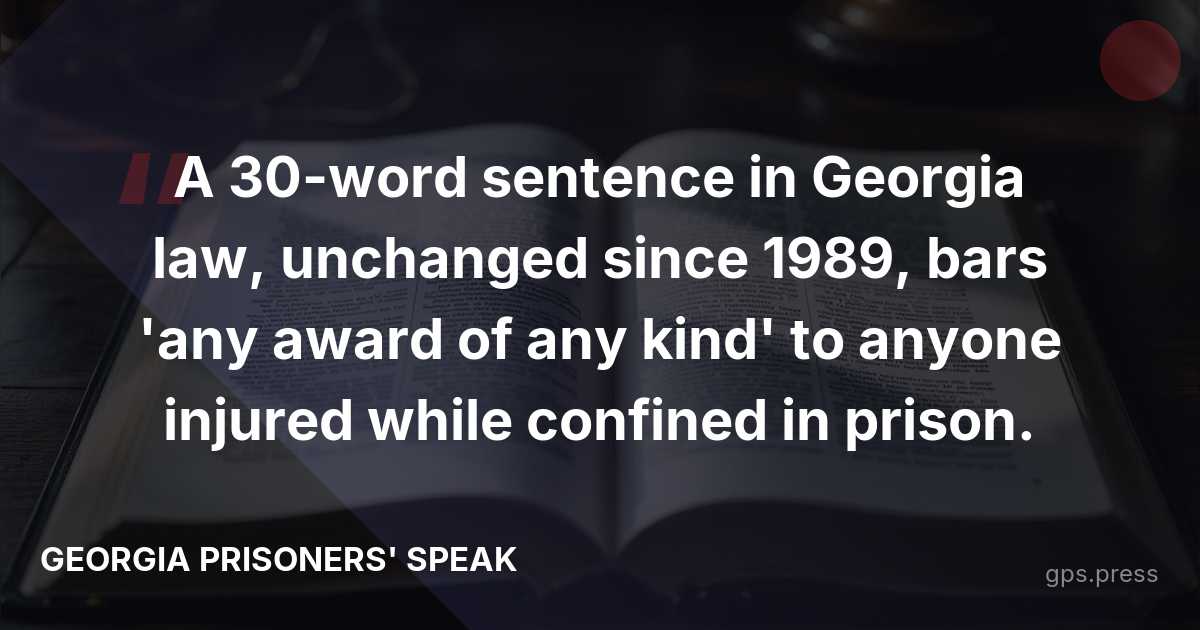 A 30-word sentence in Georgia law, unchanged since 1989, bars 'any award of any kind' to anyone injured while confined in prison.
