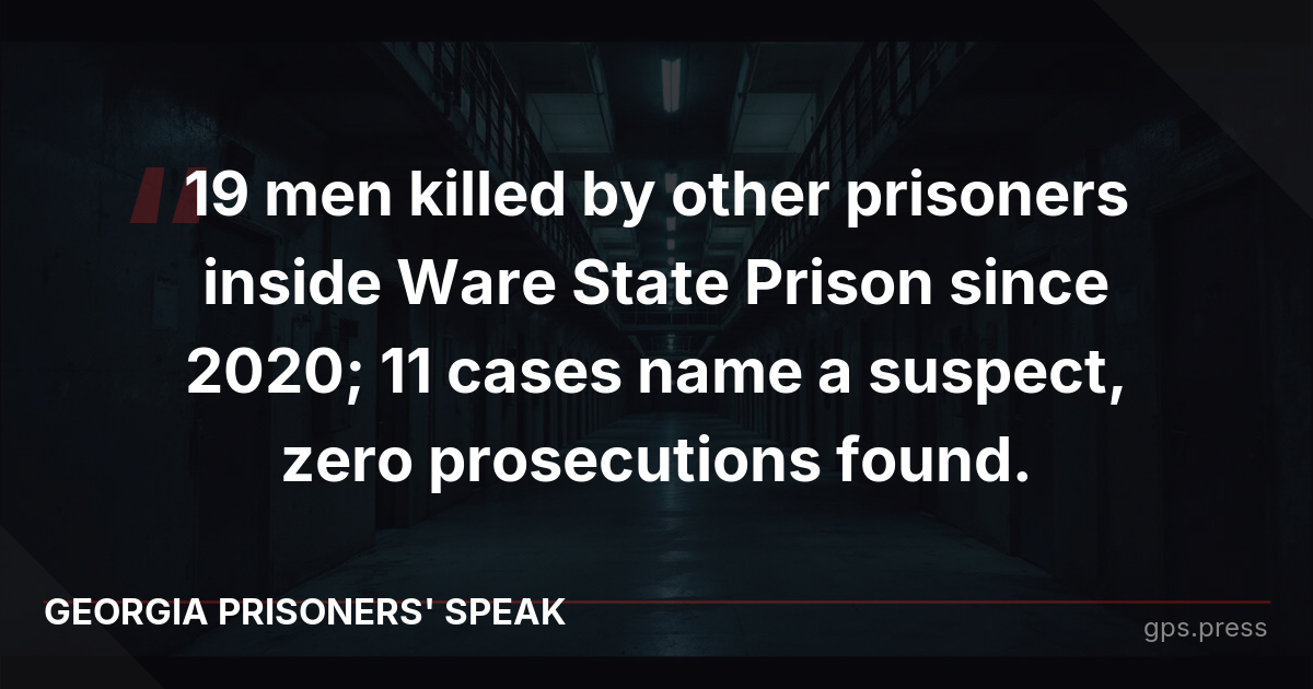 19 men killed by other prisoners inside Ware State Prison since 2020; 11 cases name a suspect, zero prosecutions found.