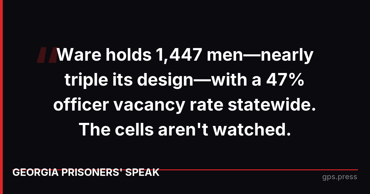 Ware holds 1,447 men—nearly triple its design—with a 47% officer vacancy rate statewide. The cells aren't watched.