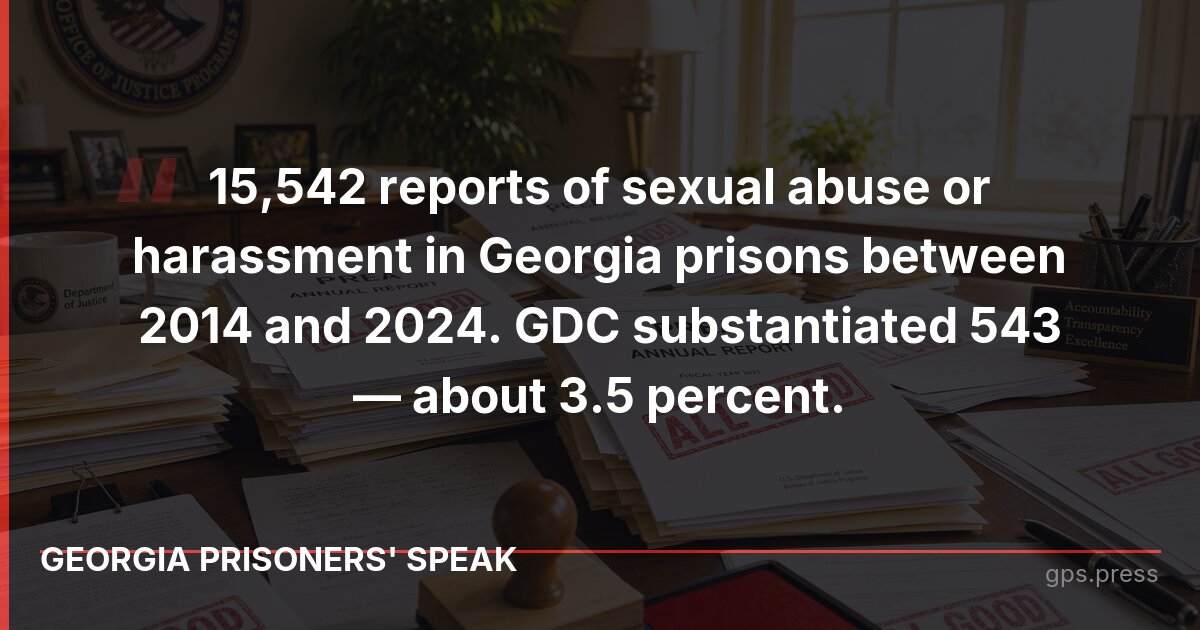 15,542 reports of sexual abuse or harassment in Georgia prisons between 2014 and 2024. GDC substantiated 543 — about 3.5 percent.