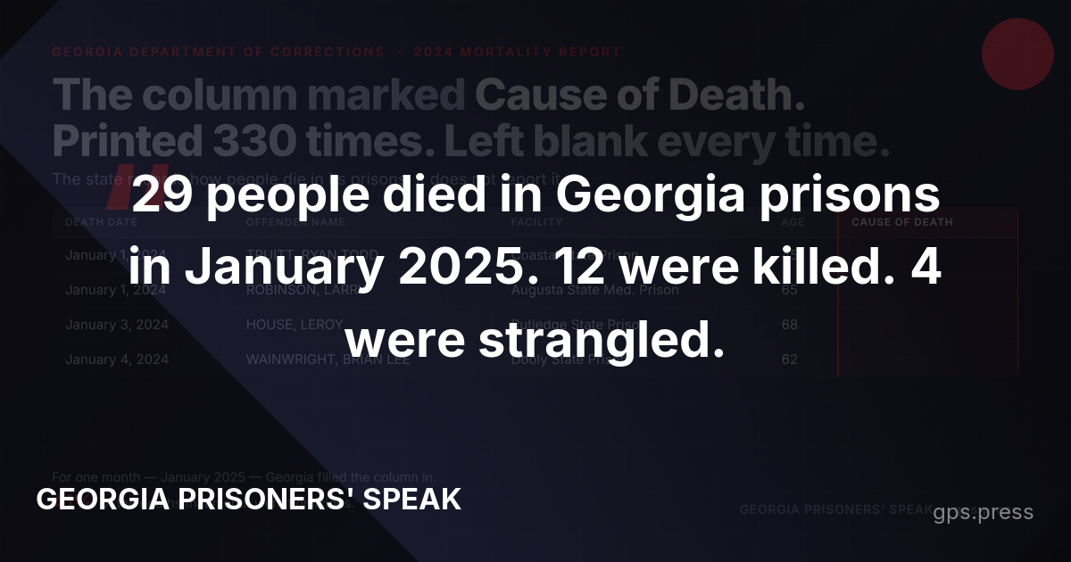 29 people died in Georgia prisons in January 2025. 12 were killed. 4 were strangled.