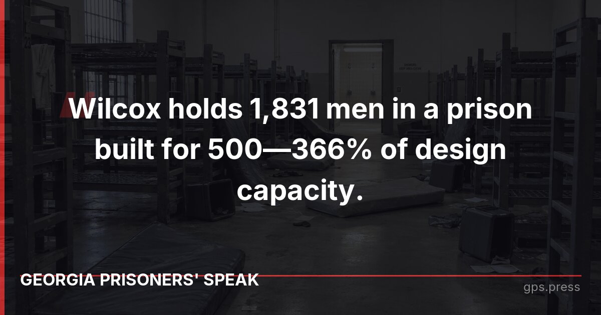 Wilcox holds 1,831 men in a prison built for 500—366% of design capacity.