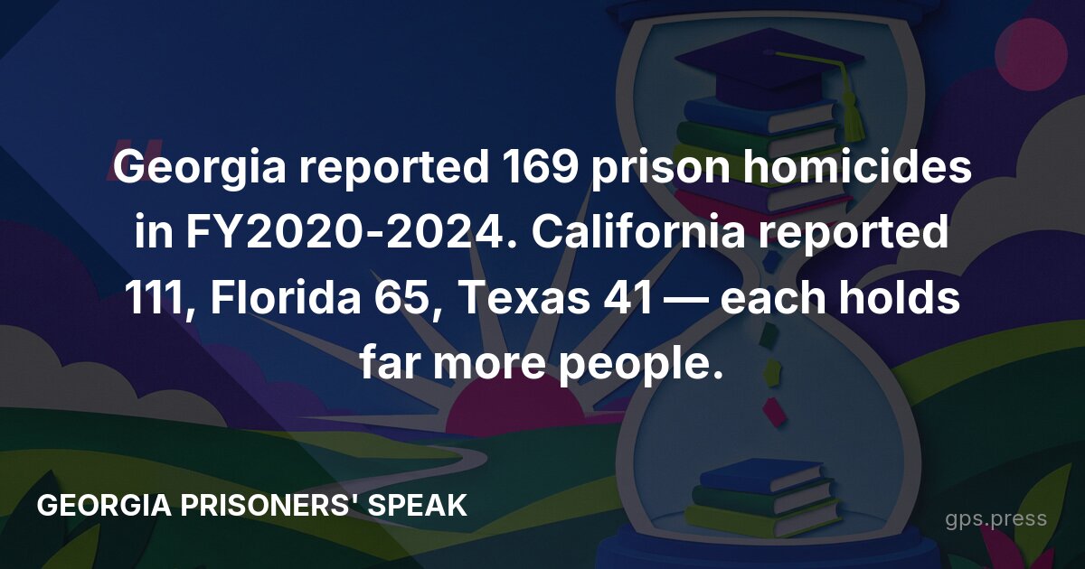 Georgia reported 169 prison homicides in FY2020-2024. California reported 111, Florida 65, Texas 41 — each holds far more people.