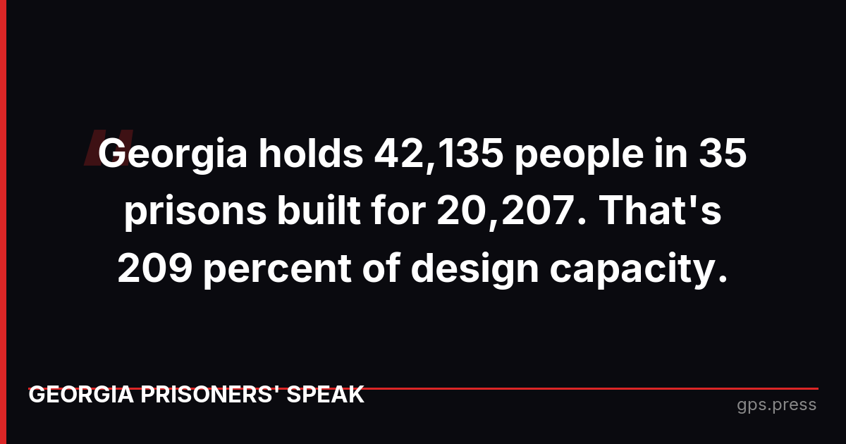 Georgia holds 42,135 people in 35 prisons built for 20,207. That's 209 percent of design capacity.
