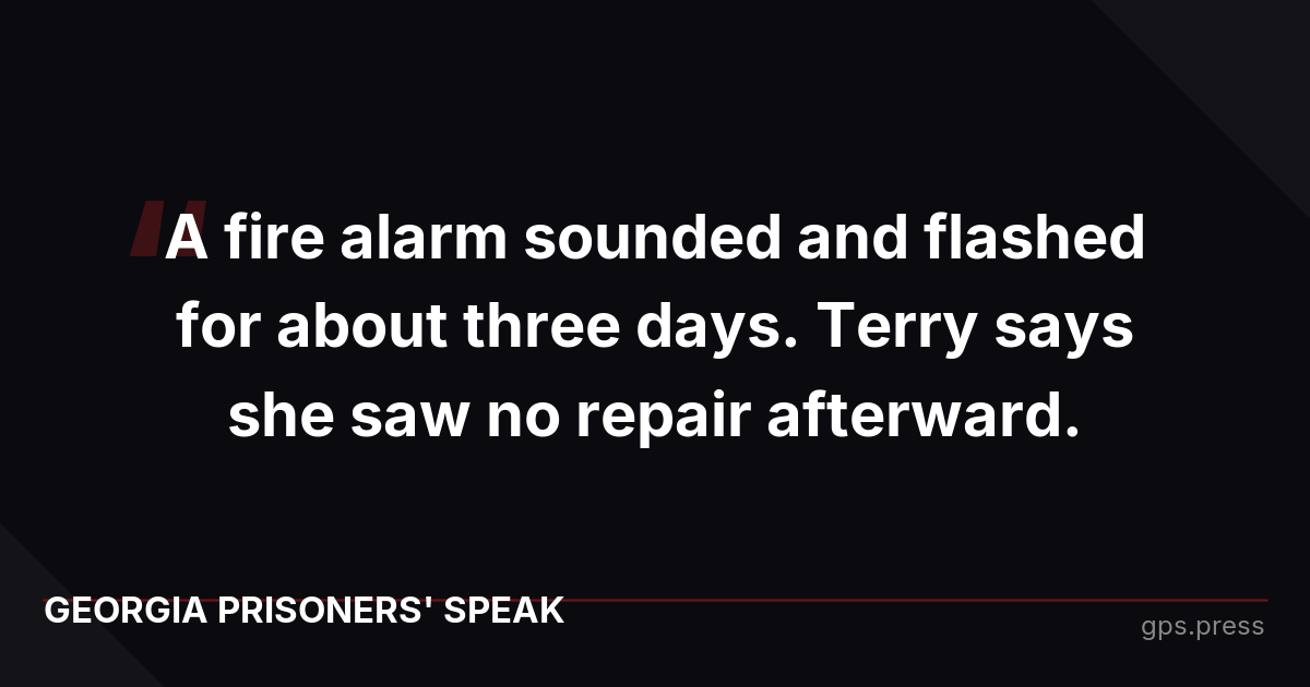 A fire alarm sounded and flashed for about three days. Terry says she saw no repair afterward.
