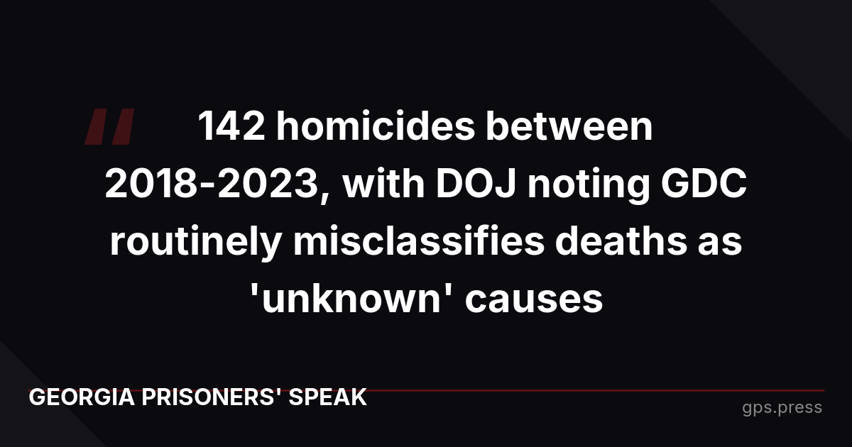 142 homicides between 2018-2023, with DOJ noting GDC routinely misclassifies deaths as 'unknown' causes