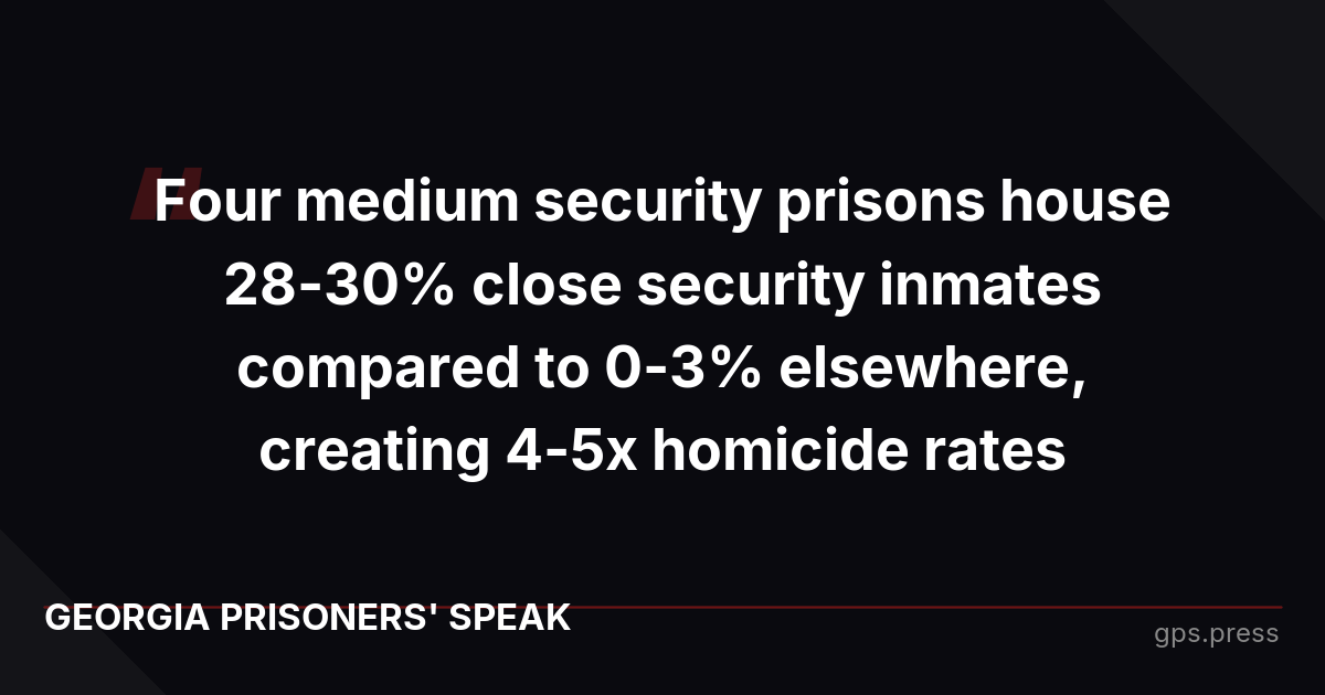 Four medium security prisons house 28-30% close security inmates compared to 0-3% elsewhere, creating 4-5x homicide rates