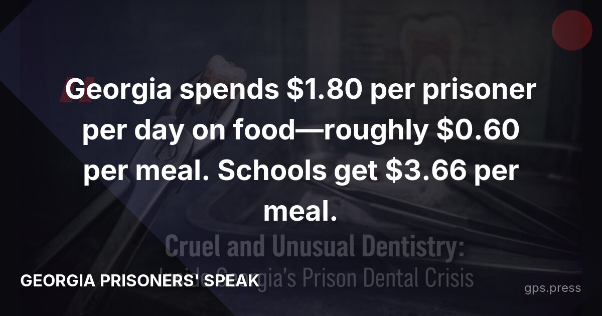 Georgia spends $1.80 per prisoner per day on food—roughly $0.60 per meal. Schools get $3.66 per meal.